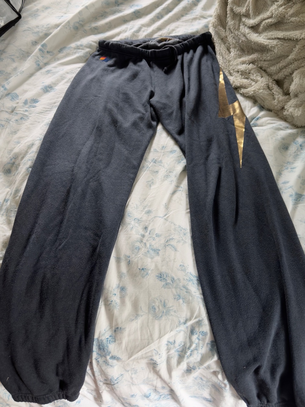 Aviator Nation Black Sweat Jumpsuit with Gold Lightning